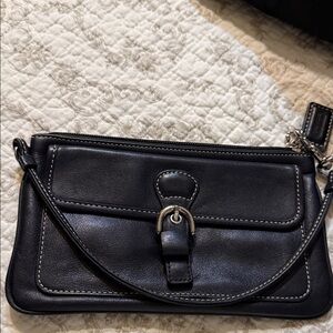 Coach Black Leather Wristlet Clutch with Buckle Accent